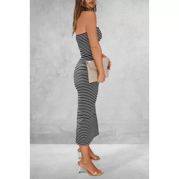 imagePRETTYGARDEN Womens Summer Bodycon Maxi Tube Dress Ribbed Strapless Side Slit Long Going Out Casual Elegant Party DressesStriped Black White