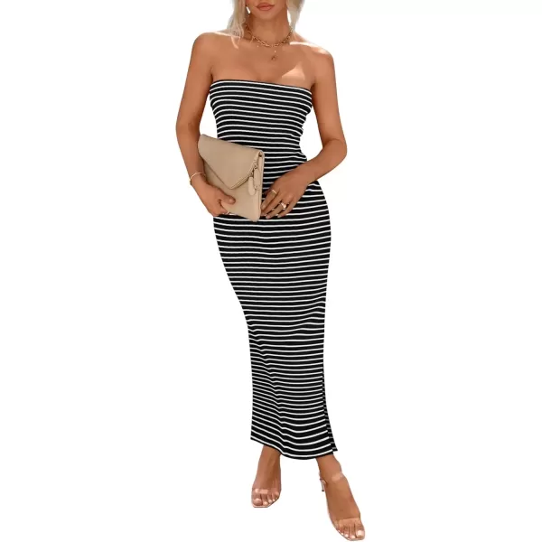 imagePRETTYGARDEN Womens Summer Bodycon Maxi Tube Dress Ribbed Strapless Side Slit Long Going Out Casual Elegant Party DressesStriped Black White
