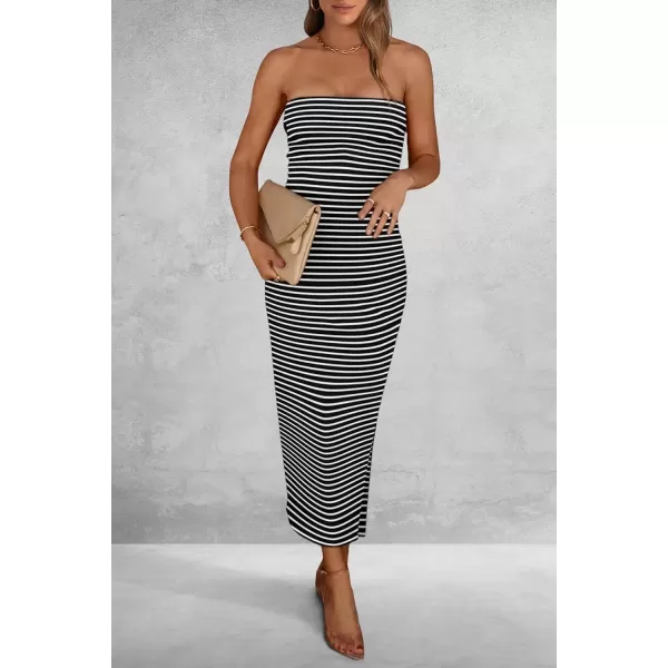 imagePRETTYGARDEN Womens Summer Bodycon Maxi Tube Dress Ribbed Strapless Side Slit Long Going Out Casual Elegant Party DressesStriped Black White