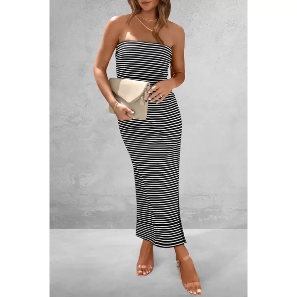 imagePRETTYGARDEN Womens Summer Bodycon Maxi Tube Dress Ribbed Strapless Side Slit Long Going Out Casual Elegant Party DressesStriped Black White