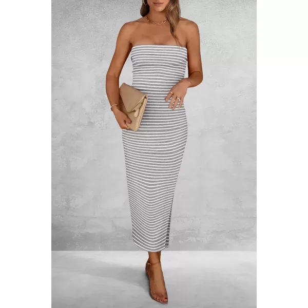 imagePRETTYGARDEN Womens Summer Bodycon Maxi Tube Dress Ribbed Strapless Side Slit Long Going Out Casual Elegant Party DressesStriped Light Grey White