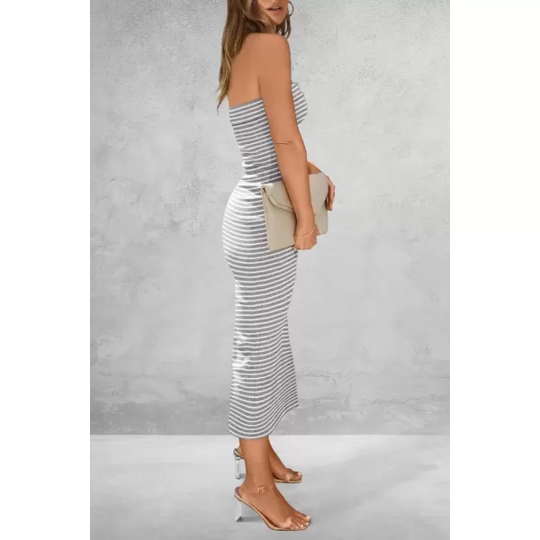 imagePRETTYGARDEN Womens Summer Bodycon Maxi Tube Dress Ribbed Strapless Side Slit Long Going Out Casual Elegant Party DressesStriped Light Grey White
