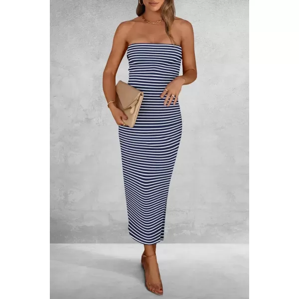 imagePRETTYGARDEN Womens Summer Bodycon Maxi Tube Dress Ribbed Strapless Side Slit Long Going Out Casual Elegant Party DressesStriped Navy White