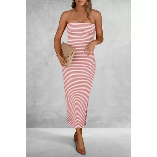 imagePRETTYGARDEN Womens Summer Bodycon Maxi Tube Dress Ribbed Strapless Side Slit Long Going Out Casual Elegant Party DressesStriped Pink White