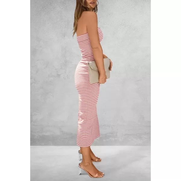 imagePRETTYGARDEN Womens Summer Bodycon Maxi Tube Dress Ribbed Strapless Side Slit Long Going Out Casual Elegant Party DressesStriped Pink White