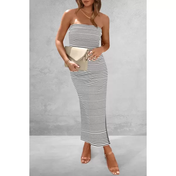 imagePRETTYGARDEN Womens Summer Bodycon Maxi Tube Dress Ribbed Strapless Side Slit Long Going Out Casual Elegant Party DressesStriped White Black