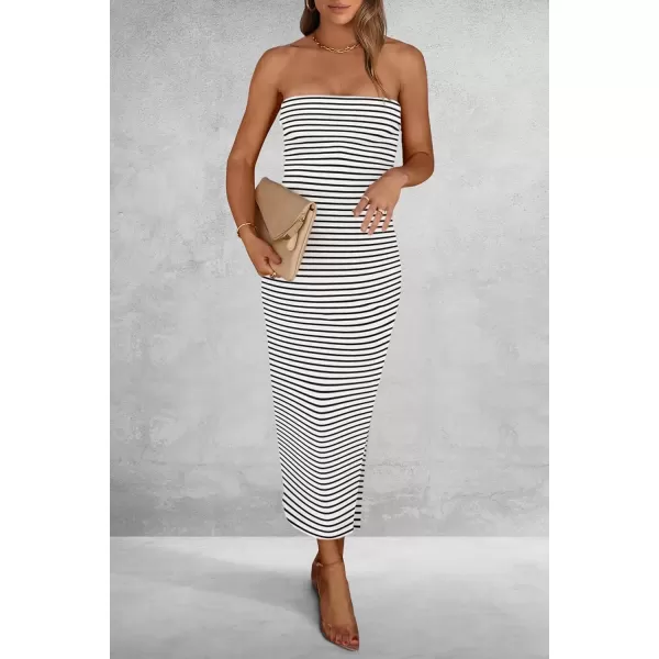 imagePRETTYGARDEN Womens Summer Bodycon Maxi Tube Dress Ribbed Strapless Side Slit Long Going Out Casual Elegant Party DressesStriped White Black