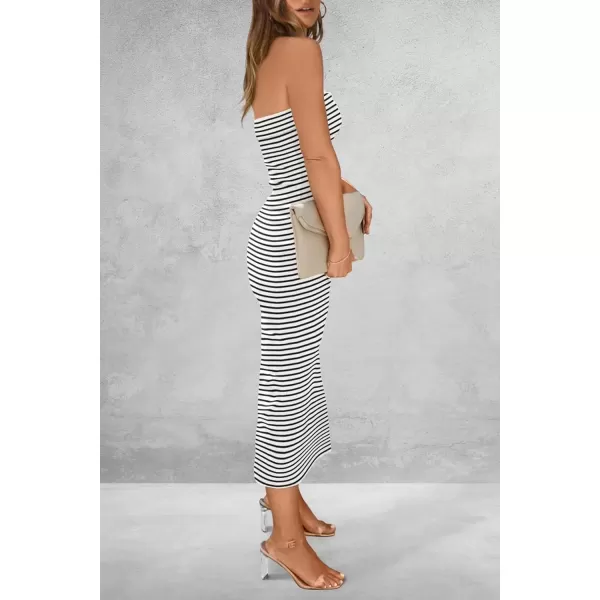 imagePRETTYGARDEN Womens Summer Bodycon Maxi Tube Dress Ribbed Strapless Side Slit Long Going Out Casual Elegant Party DressesStriped White Black