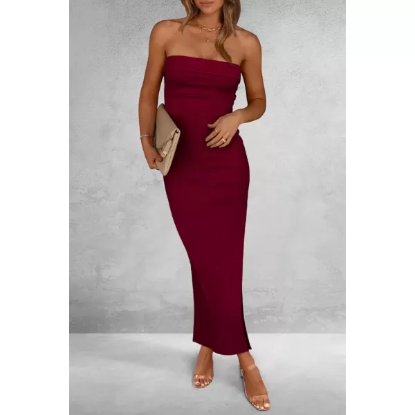 imagePRETTYGARDEN Womens Summer Bodycon Maxi Tube Dress Ribbed Strapless Side Slit Long Going Out Casual Elegant Party DressesWine Red