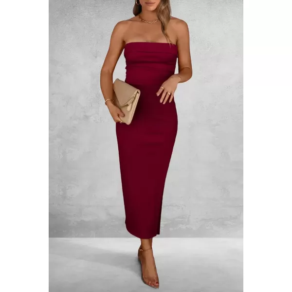 imagePRETTYGARDEN Womens Summer Bodycon Maxi Tube Dress Ribbed Strapless Side Slit Long Going Out Casual Elegant Party DressesWine Red
