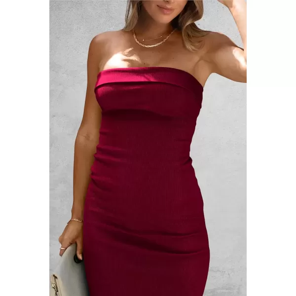 imagePRETTYGARDEN Womens Summer Bodycon Maxi Tube Dress Ribbed Strapless Side Slit Long Going Out Casual Elegant Party DressesWine Red