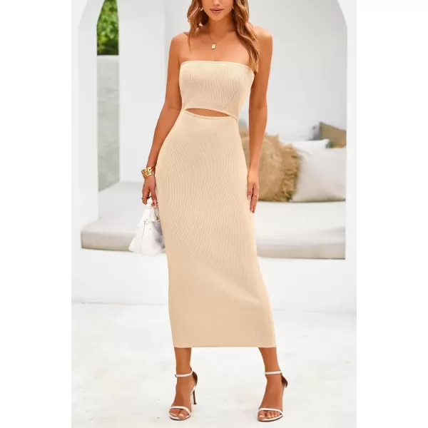 imagePRETTYGARDEN Womens Summer Midi Bodycon Dress Strapless Cut Out Knit Tube Long Fitted DressesSolid Beige
