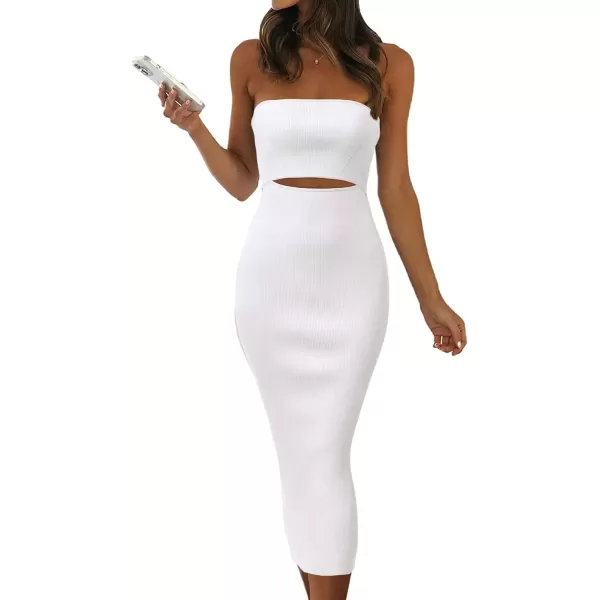imagePRETTYGARDEN Womens Summer Midi Bodycon Dress Strapless Cut Out Knit Tube Long Fitted DressesSolid Beige White
