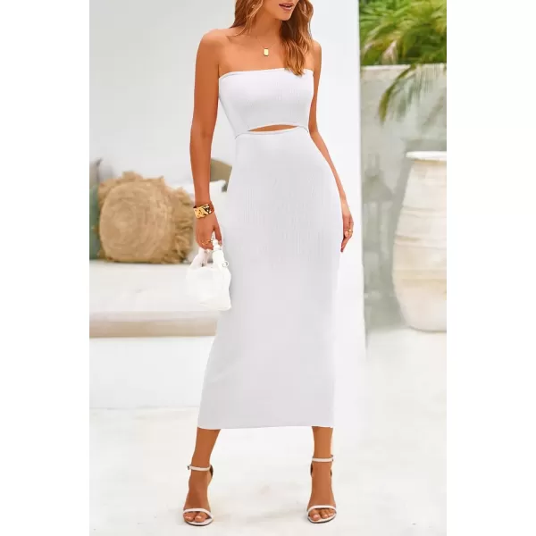 imagePRETTYGARDEN Womens Summer Midi Bodycon Dress Strapless Cut Out Knit Tube Long Fitted DressesSolid Beige White
