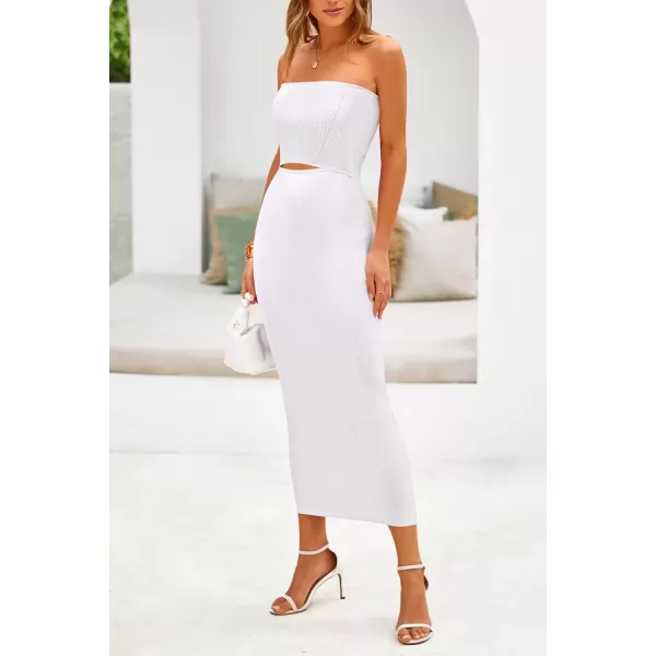 imagePRETTYGARDEN Womens Summer Midi Bodycon Dress Strapless Cut Out Knit Tube Long Fitted DressesSolid Beige White