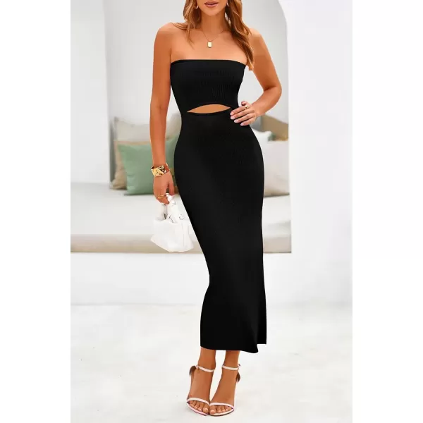 imagePRETTYGARDEN Womens Summer Midi Bodycon Dress Strapless Cut Out Knit Tube Long Fitted DressesSolid Black
