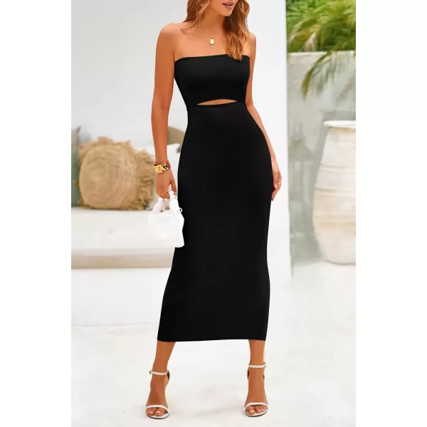 imagePRETTYGARDEN Womens Summer Midi Bodycon Dress Strapless Cut Out Knit Tube Long Fitted DressesSolid Black