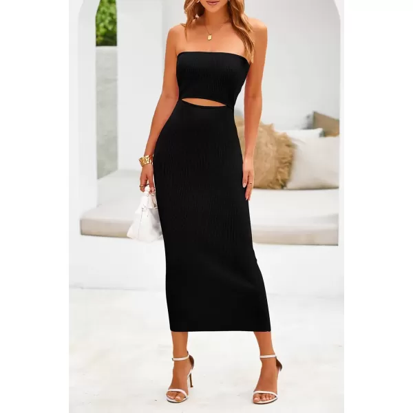 imagePRETTYGARDEN Womens Summer Midi Bodycon Dress Strapless Cut Out Knit Tube Long Fitted DressesSolid Black