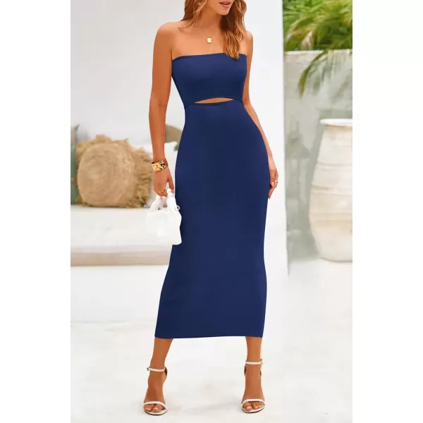 imagePRETTYGARDEN Womens Summer Midi Bodycon Dress Strapless Cut Out Knit Tube Long Fitted DressesSolid Dark Blue