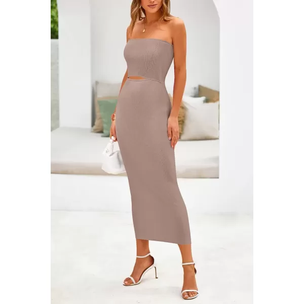 imagePRETTYGARDEN Womens Summer Midi Bodycon Dress Strapless Cut Out Knit Tube Long Fitted DressesSolid Khaki