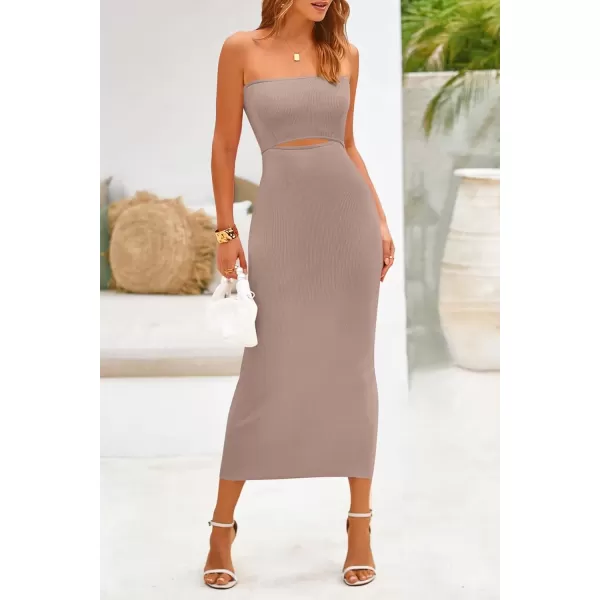 imagePRETTYGARDEN Womens Summer Midi Bodycon Dress Strapless Cut Out Knit Tube Long Fitted DressesSolid Khaki