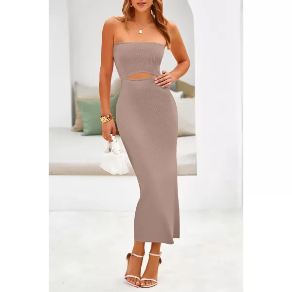 imagePRETTYGARDEN Womens Summer Midi Bodycon Dress Strapless Cut Out Knit Tube Long Fitted DressesSolid Khaki