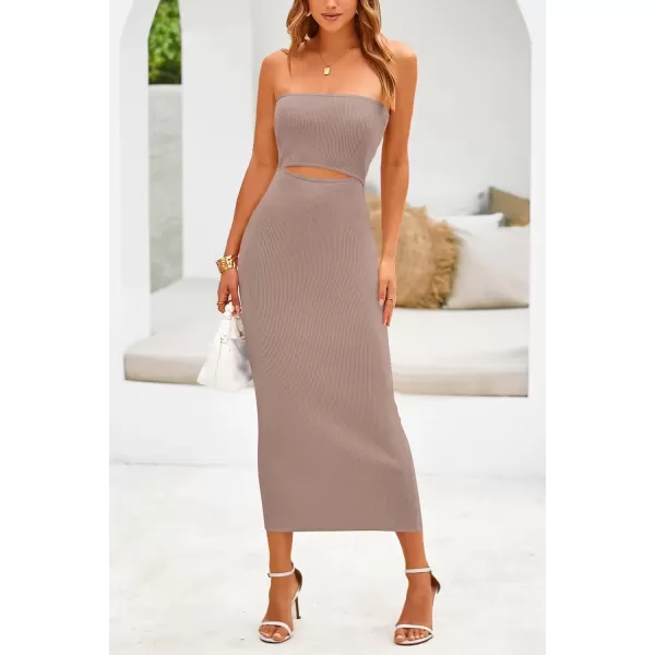 imagePRETTYGARDEN Womens Summer Midi Bodycon Dress Strapless Cut Out Knit Tube Long Fitted DressesSolid Khaki