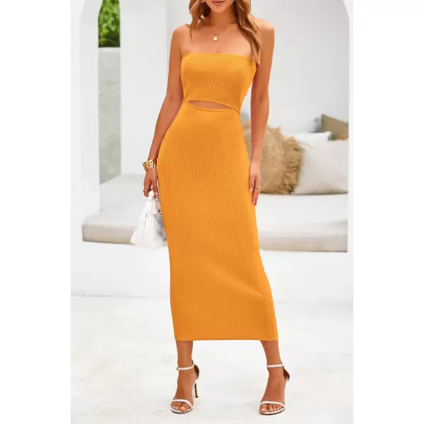 imagePRETTYGARDEN Womens Summer Midi Bodycon Dress Strapless Cut Out Knit Tube Long Fitted DressesSolid Orange Yellow