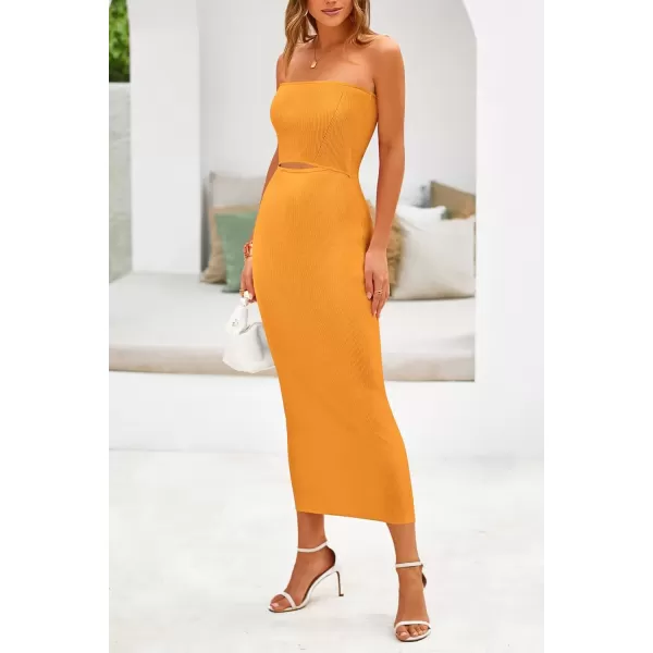 imagePRETTYGARDEN Womens Summer Midi Bodycon Dress Strapless Cut Out Knit Tube Long Fitted DressesSolid Orange Yellow
