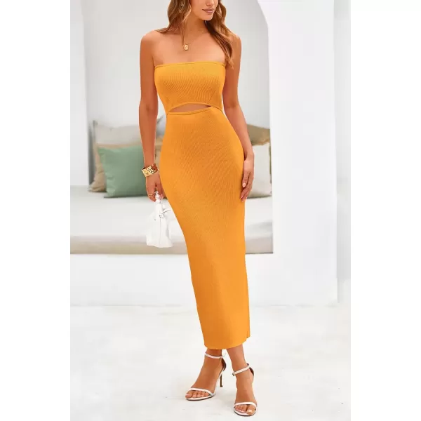 imagePRETTYGARDEN Womens Summer Midi Bodycon Dress Strapless Cut Out Knit Tube Long Fitted DressesSolid Orange Yellow