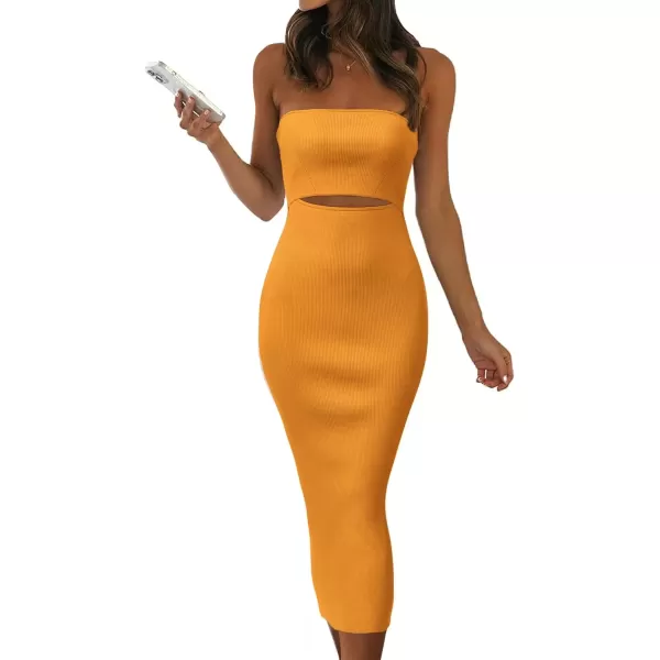 imagePRETTYGARDEN Womens Summer Midi Bodycon Dress Strapless Cut Out Knit Tube Long Fitted DressesSolid Orange Yellow