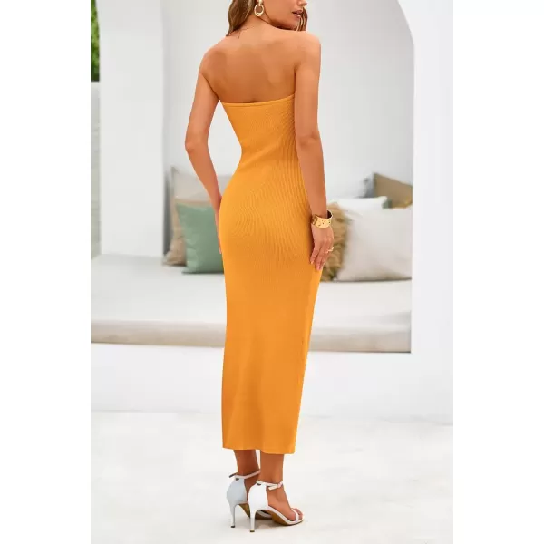 imagePRETTYGARDEN Womens Summer Midi Bodycon Dress Strapless Cut Out Knit Tube Long Fitted DressesSolid Orange Yellow