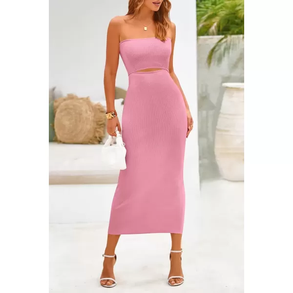 imagePRETTYGARDEN Womens Summer Midi Bodycon Dress Strapless Cut Out Knit Tube Long Fitted DressesSolid Pink