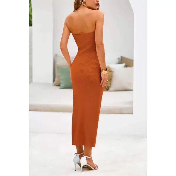 imagePRETTYGARDEN Womens Summer Midi Bodycon Dress Strapless Cut Out Knit Tube Long Fitted DressesSolid Rust Red