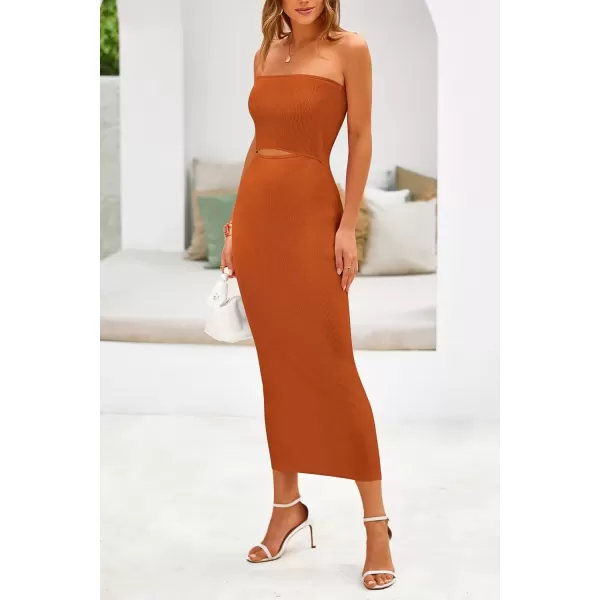 imagePRETTYGARDEN Womens Summer Midi Bodycon Dress Strapless Cut Out Knit Tube Long Fitted DressesSolid Rust Red