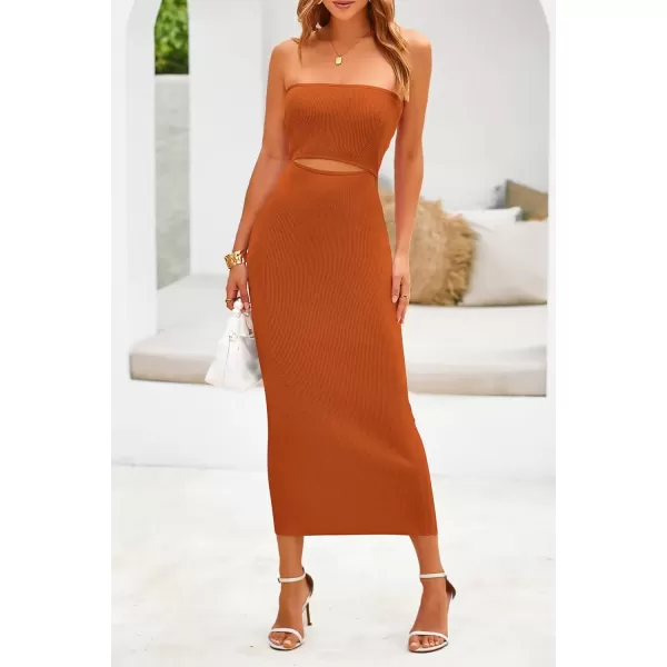 imagePRETTYGARDEN Womens Summer Midi Bodycon Dress Strapless Cut Out Knit Tube Long Fitted DressesSolid Rust Red