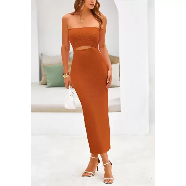 imagePRETTYGARDEN Womens Summer Midi Bodycon Dress Strapless Cut Out Knit Tube Long Fitted DressesSolid Rust Red