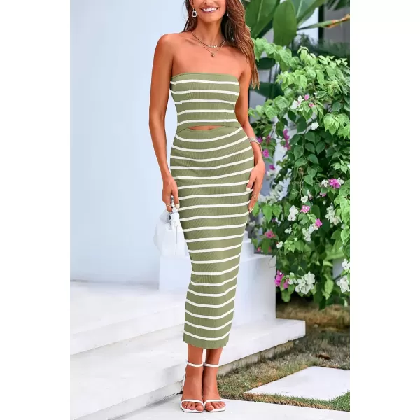 imagePRETTYGARDEN Womens Summer Midi Bodycon Dress Strapless Cut Out Knit Tube Long Fitted DressesStriped Army Green White
