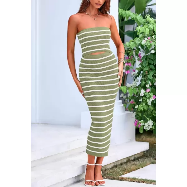 imagePRETTYGARDEN Womens Summer Midi Bodycon Dress Strapless Cut Out Knit Tube Long Fitted DressesStriped Army Green White