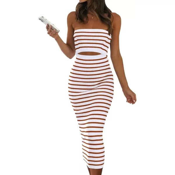 imagePRETTYGARDEN Womens Summer Midi Bodycon Dress Strapless Cut Out Knit Tube Long Fitted DressesStriped White Brown