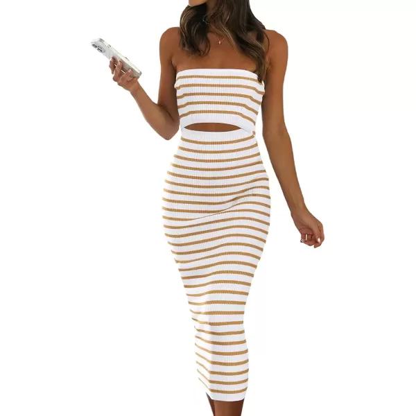 imagePRETTYGARDEN Womens Summer Midi Bodycon Dress Strapless Cut Out Knit Tube Long Fitted DressesStriped White Khaki