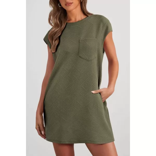 imagePRETTYGARDEN Womens Summer Short T Shirt Dress Cap Sleeve Crew Neck Casual Loose Basic Mini DressesArmy Green