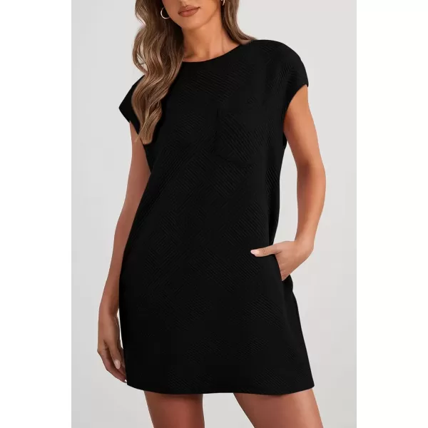 imagePRETTYGARDEN Womens Summer Short T Shirt Dress Cap Sleeve Crew Neck Casual Loose Basic Mini DressesBlack