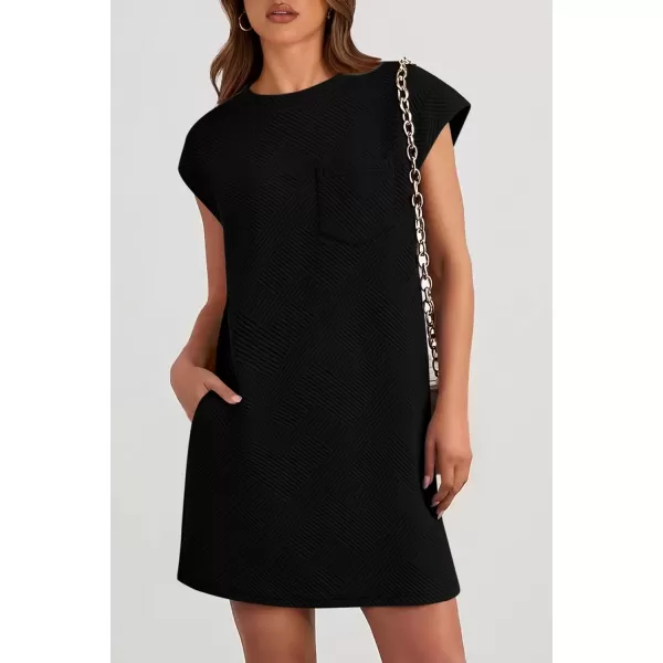imagePRETTYGARDEN Womens Summer Short T Shirt Dress Cap Sleeve Crew Neck Casual Loose Basic Mini DressesBlack