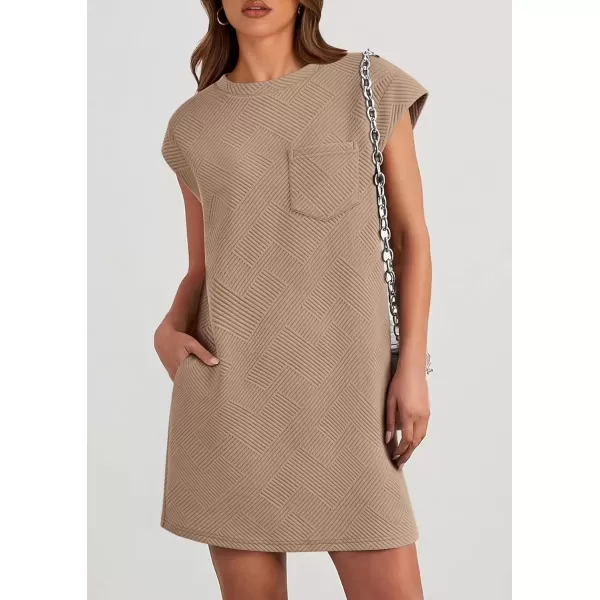 imagePRETTYGARDEN Womens Summer Short T Shirt Dress Cap Sleeve Crew Neck Casual Loose Basic Mini DressesCamel