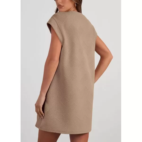 imagePRETTYGARDEN Womens Summer Short T Shirt Dress Cap Sleeve Crew Neck Casual Loose Basic Mini DressesCamel
