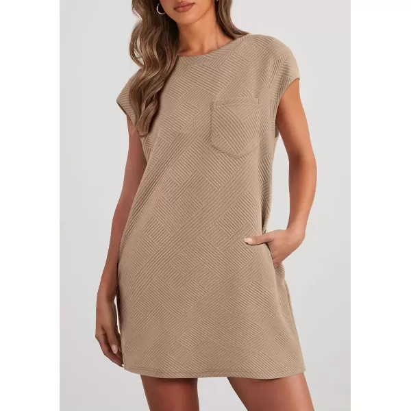 imagePRETTYGARDEN Womens Summer Short T Shirt Dress Cap Sleeve Crew Neck Casual Loose Basic Mini DressesCamel