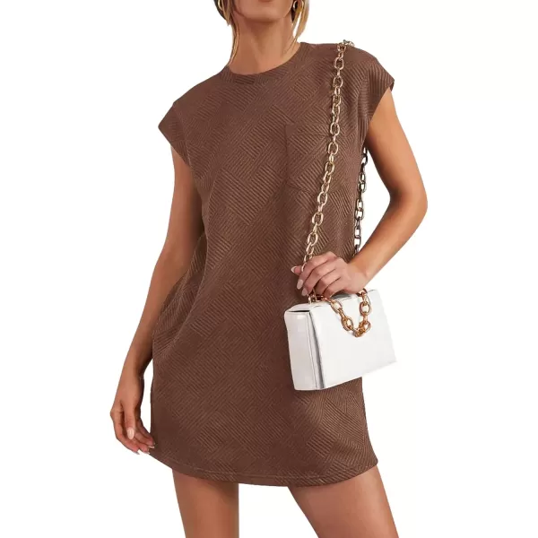 imagePRETTYGARDEN Womens Summer Short T Shirt Dress Cap Sleeve Crew Neck Casual Loose Basic Mini DressesCoffee