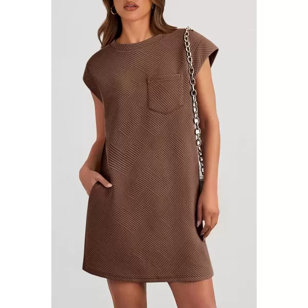 imagePRETTYGARDEN Womens Summer Short T Shirt Dress Cap Sleeve Crew Neck Casual Loose Basic Mini DressesCoffee
