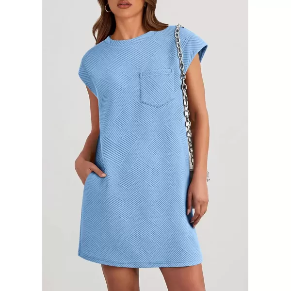 imagePRETTYGARDEN Womens Summer Short T Shirt Dress Cap Sleeve Crew Neck Casual Loose Basic Mini DressesLight Blue